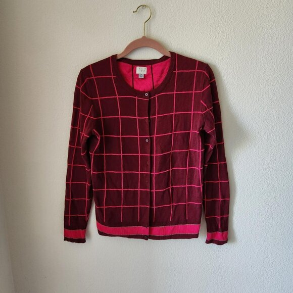 A NEW DAY Y2k vintage Burgundy Pink Checkered Cardigan Sz M 100% cotton preppy - Picture 2 of 8